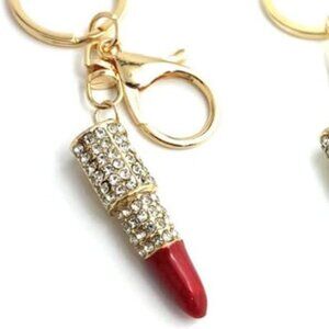 NEW Crystal Rhinestone Red Lipstick Purse Charm Key Chain Ring Zipper Pull Gold